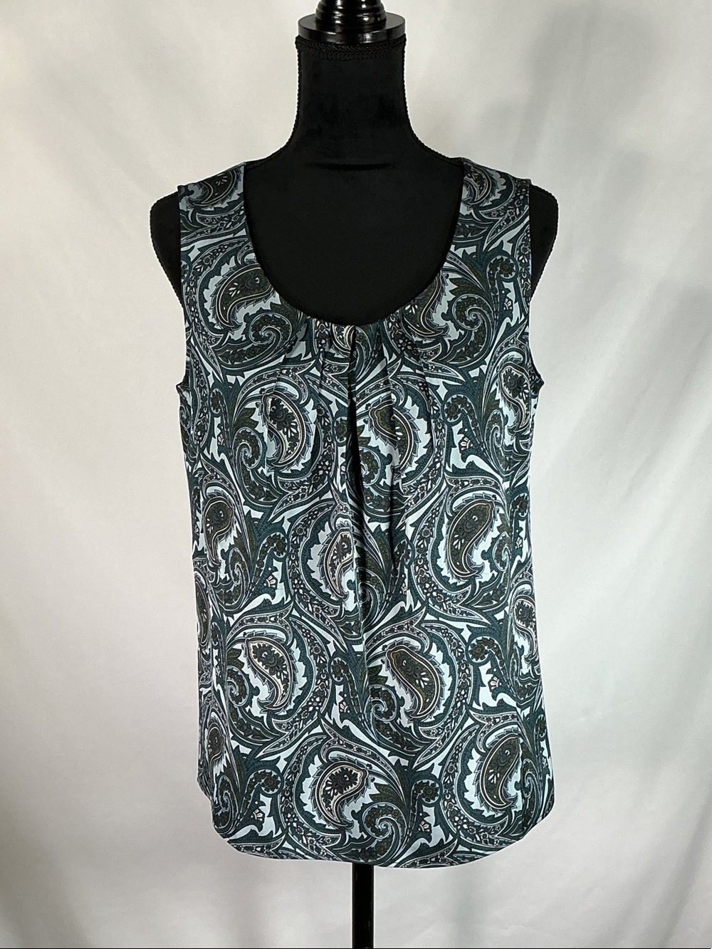 Talbots Silk Paisley Top Blouse 12P Petite Teal Blue Green NWT Pleated Camisole